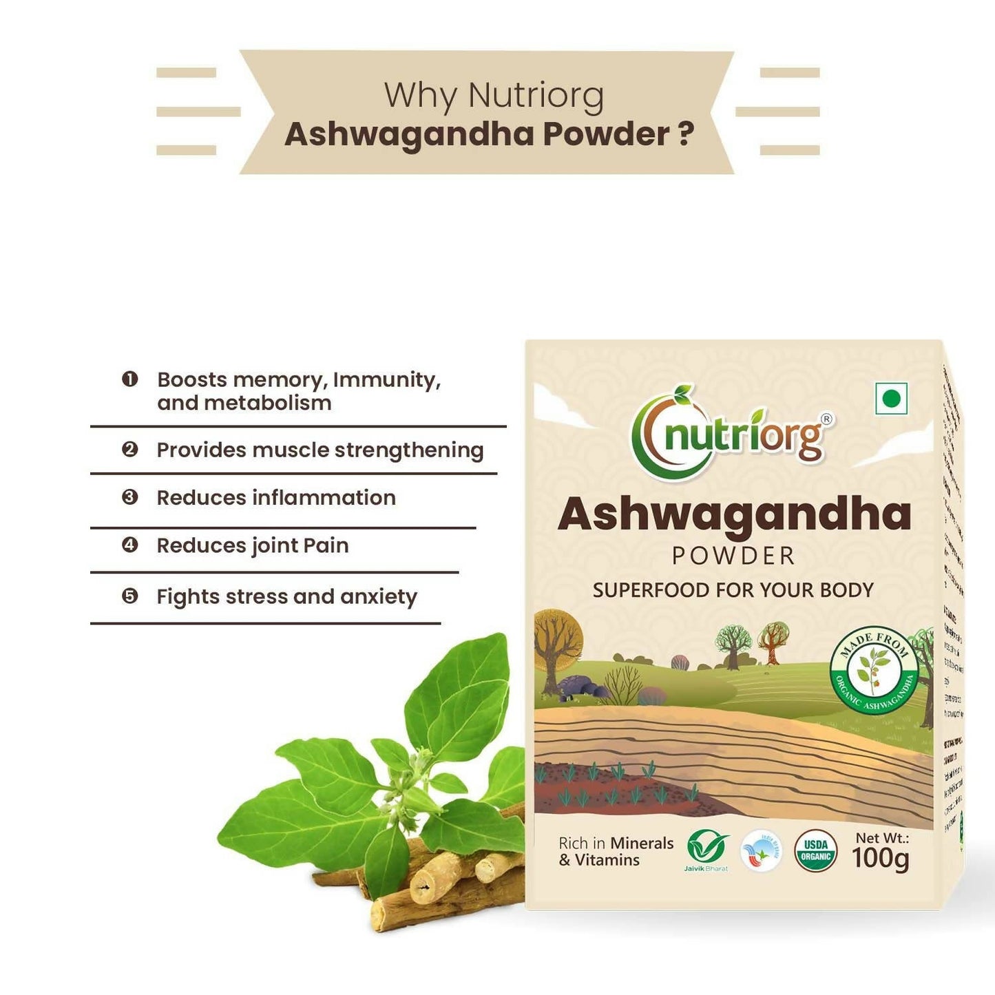 Nutriorg Certified Organic Ashwagandha Powder - Swadesiicart