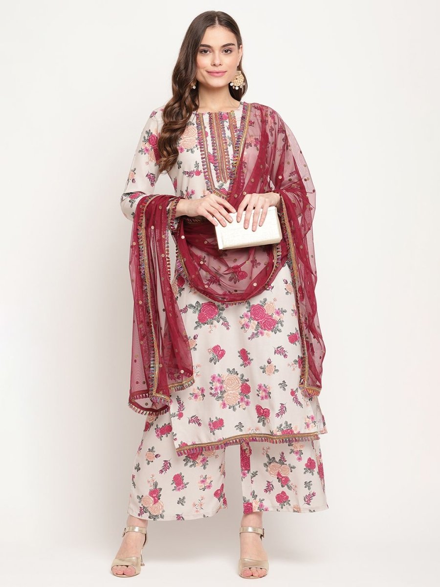 Ahalyaa Women Beige Floral Printed Regular Gotta Patti Kurta with Palazzos & With Dupatta | Swadesiicart