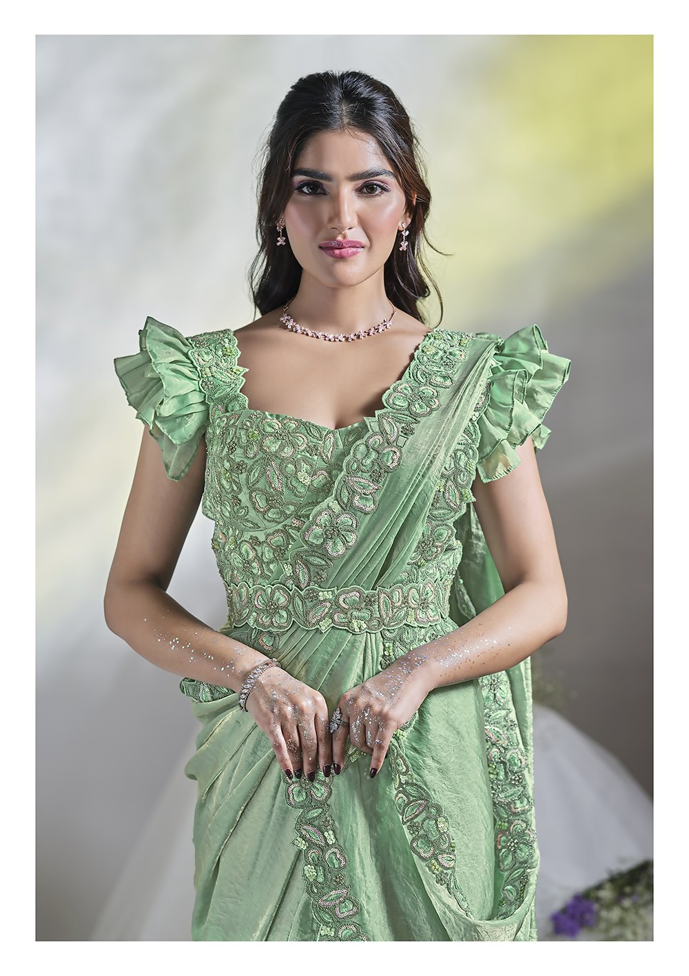 Sea Green Two Tone Satin Silk Designer Ready to wear saree with stithced Blouse - Mohmanthan Aura | Swadesiicart