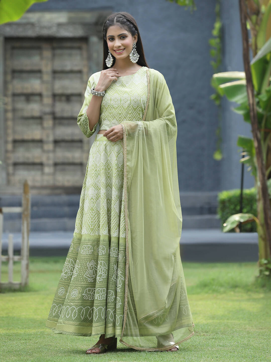 Juniper Green Santoon Slub Festive Foil Print Straight Lehnga Choli Set For Women | Swadesiicart
