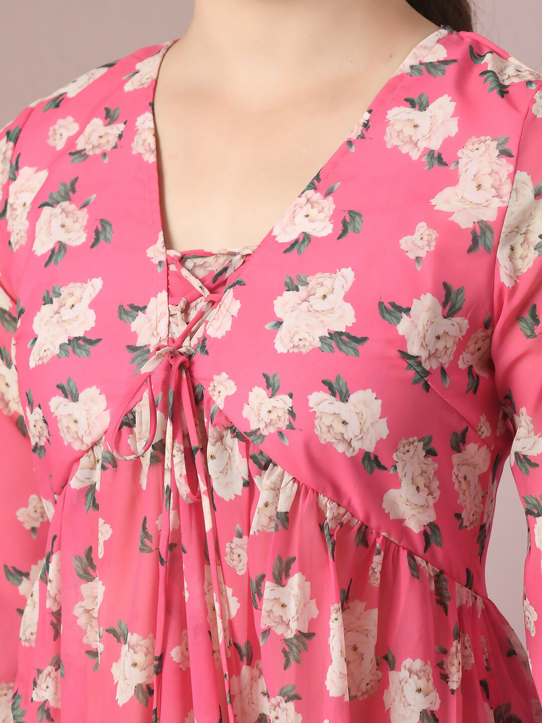 Myshka Women's Pink Printed Georgette A-Line Nyra-cut Kurta - Swadesiicart