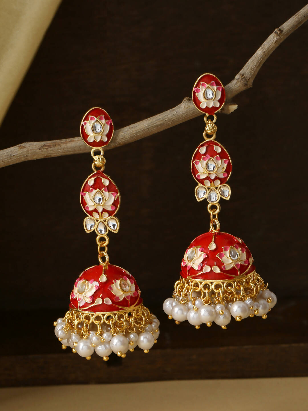 NVR Women Gold-Polished Red Kundan Jhumkas Earrings | Swadesiicart