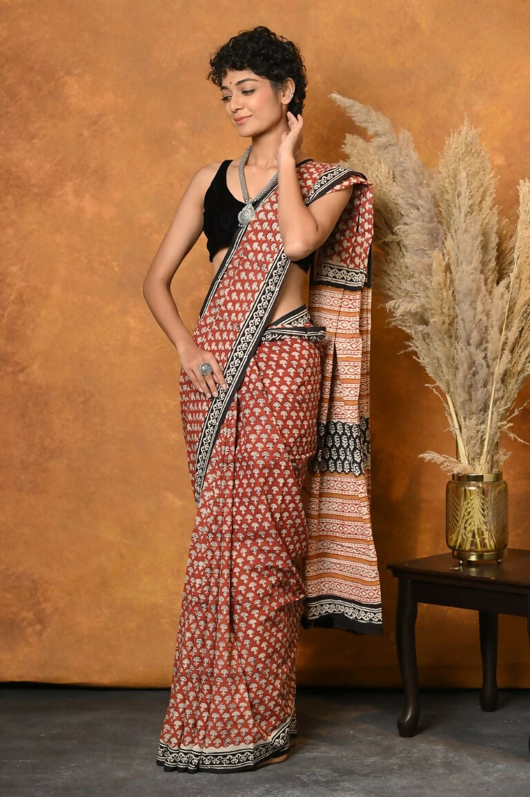 Very Much Indian Handblock Printed Cotton Saree With Natural Dyes - Orange | Swadesiicart