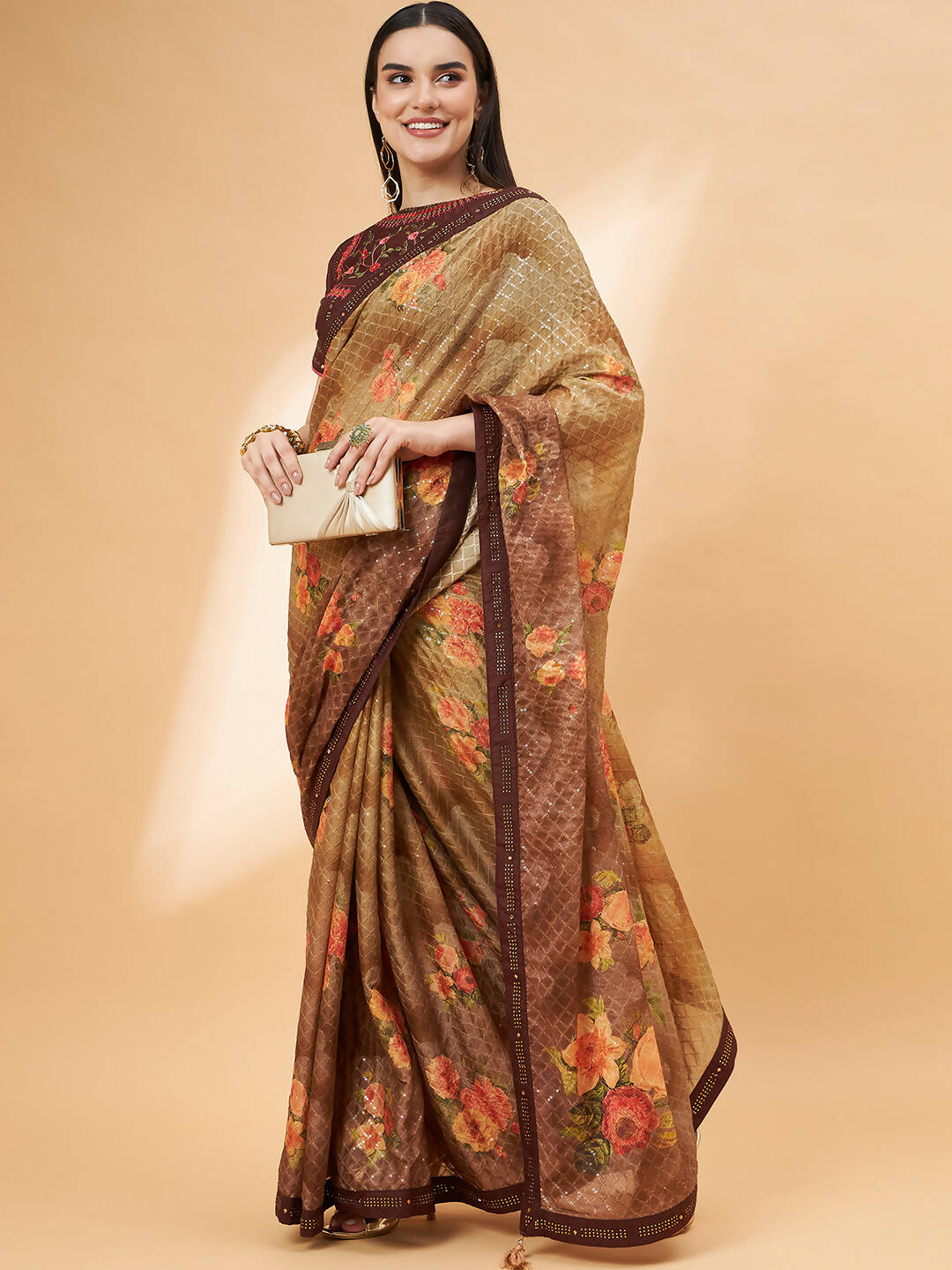 Beige Georgette Resham And Sequins Embroidery, Mukaish Studded Work Saree - Norita Hit Design - Swadesiicart