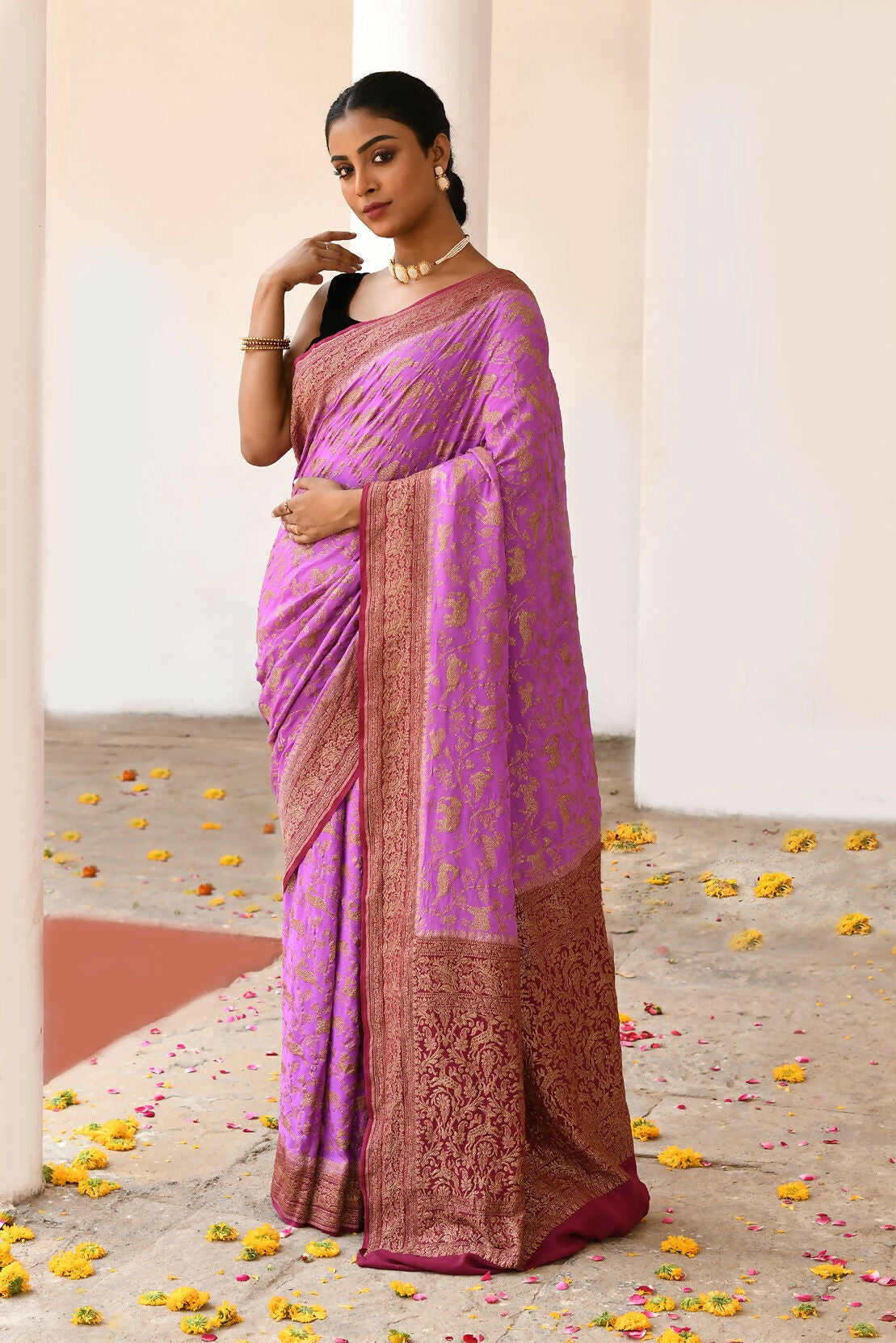 Joban Fashion Hot Pink Crepe Chiffon Pure Handloom Banarasi Silk Saree | Swadesiicart