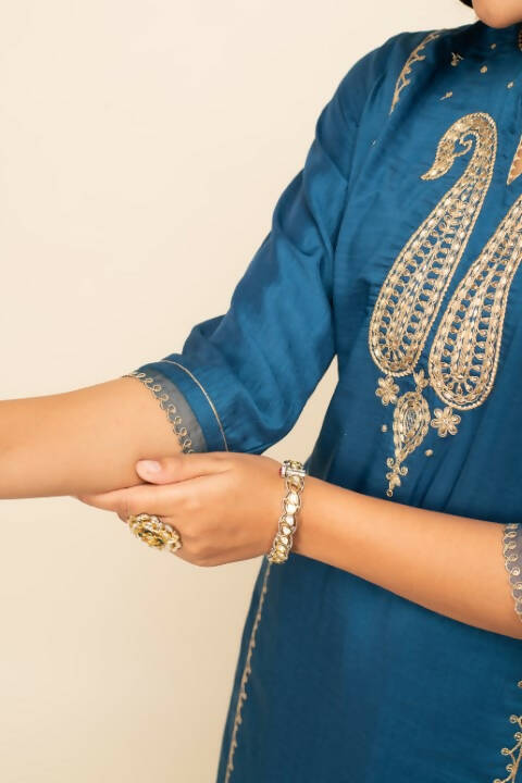 FIORRA Women's Teal Blue Silk Blend Straight Kurta Palazzo Set With Dupatta - Swadesiicart