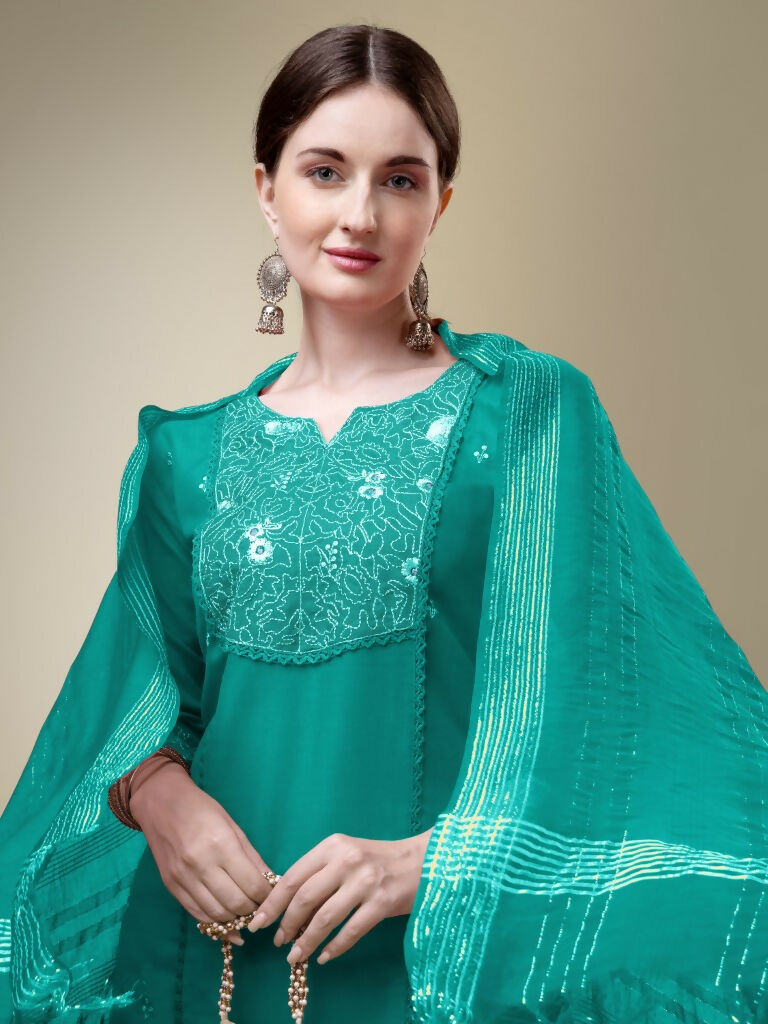 Jyoti Fashion Women's Rama Cotton Blend Embroidery & Fancy Lace work Kurta with Trouser & Dupatta | Swadesiicart