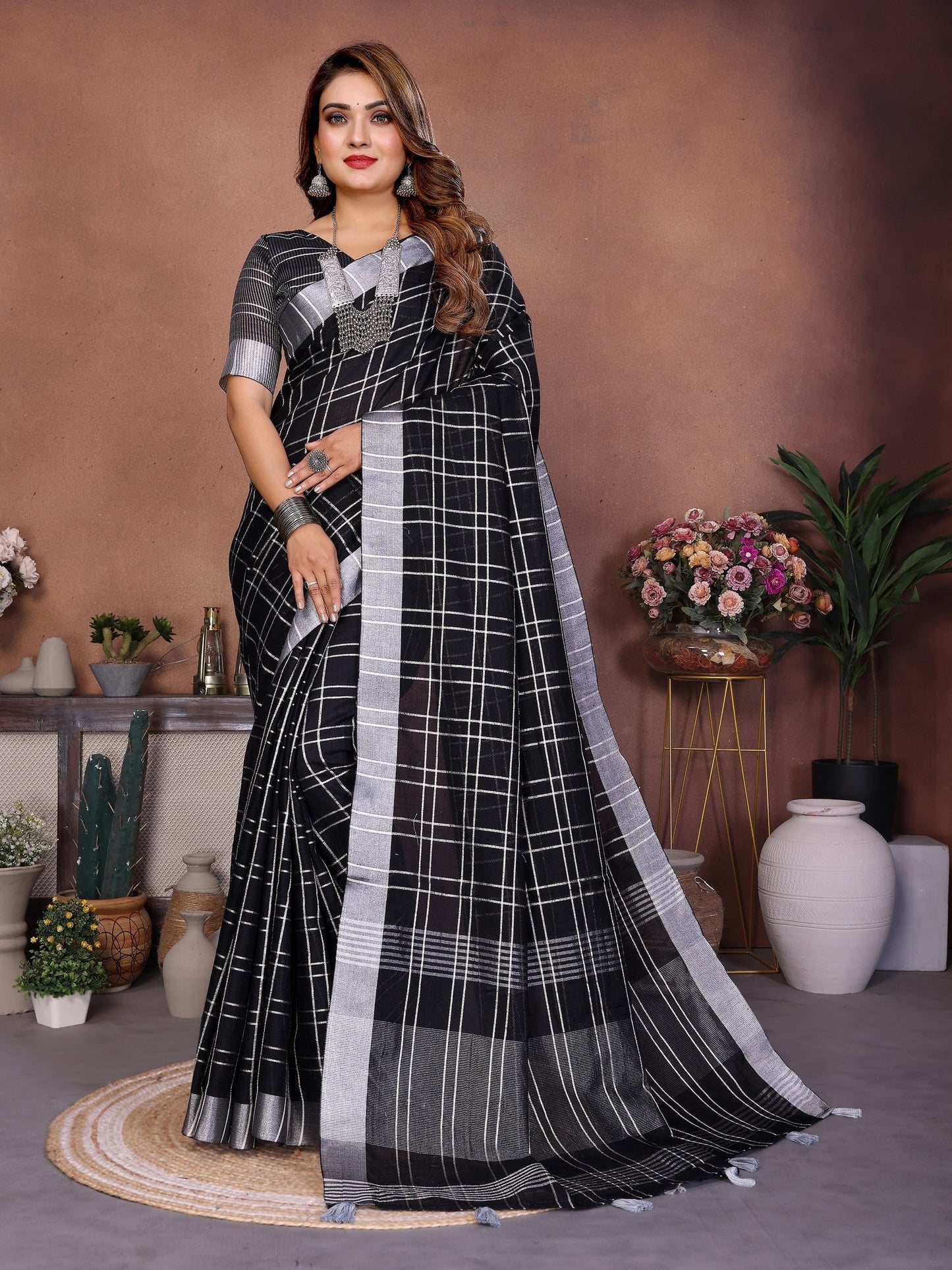Anaita Black Weaving Linen Cotton Saree With Blouse