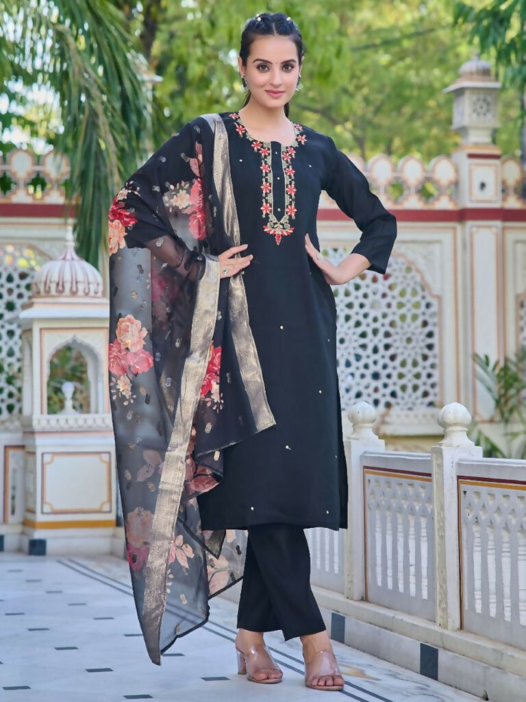 Partywear Designer Chanderi Black Stitched Suit With Dupatta - Tanisha | Swadesiicart