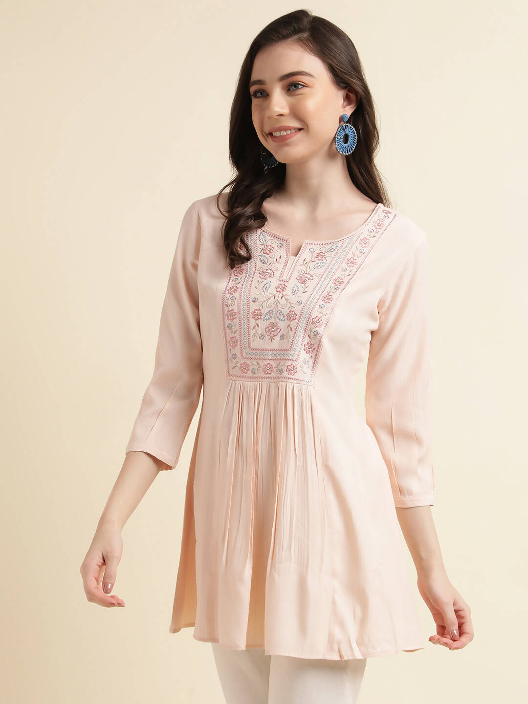 Peach Viscose Rayon Yoke Embroidered A-line Top - Tarini - Swadesiicart