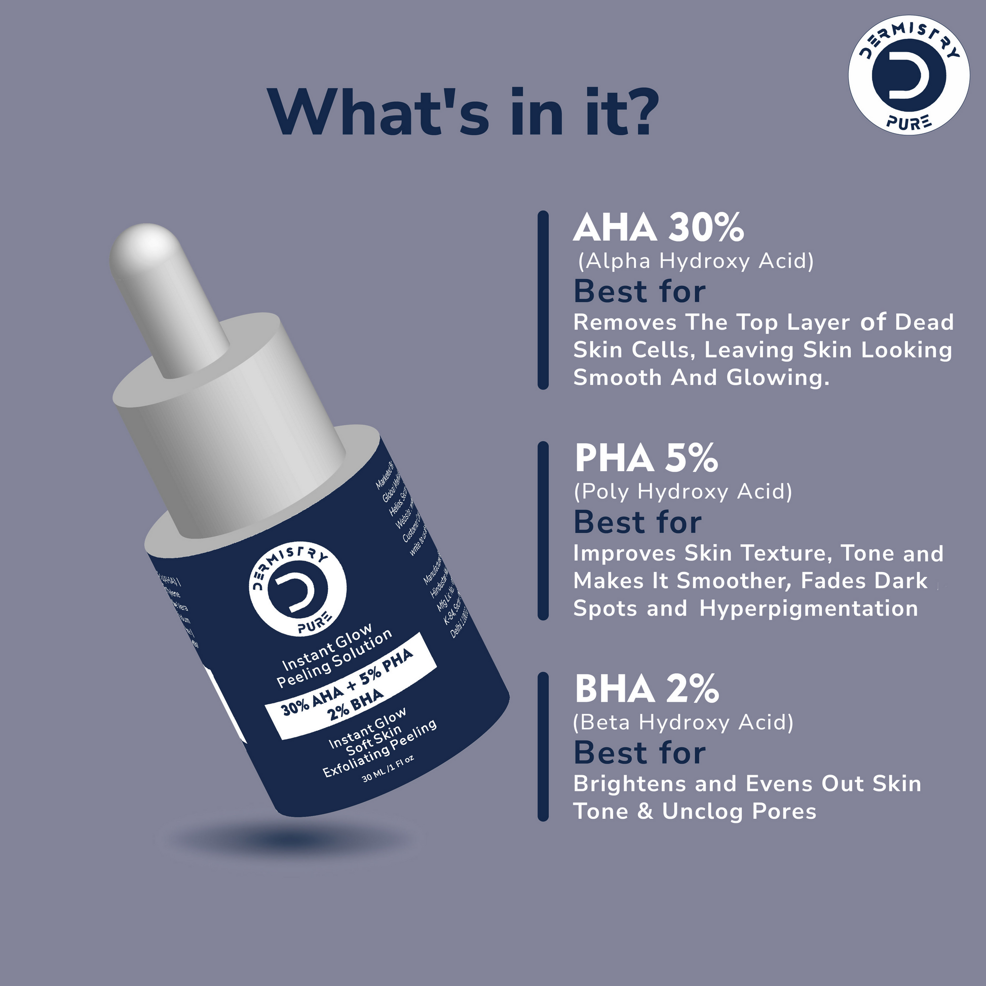 Dermistry 30% AHA 5% PHA 2% BHA Peeling Exfoliating Solution Instant Bright Glow Fairness Face Serum - Swadesiicart