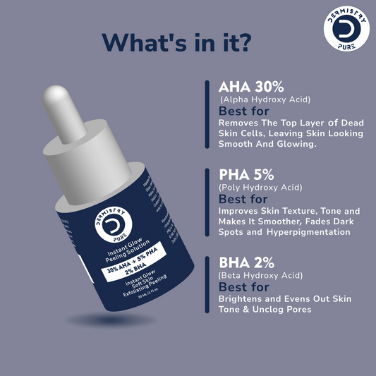 Dermistry 30% AHA 5% PHA 2% BHA Peeling Exfoliating Solution Instant Bright Glow Fairness Face Serum - Swadesiicart