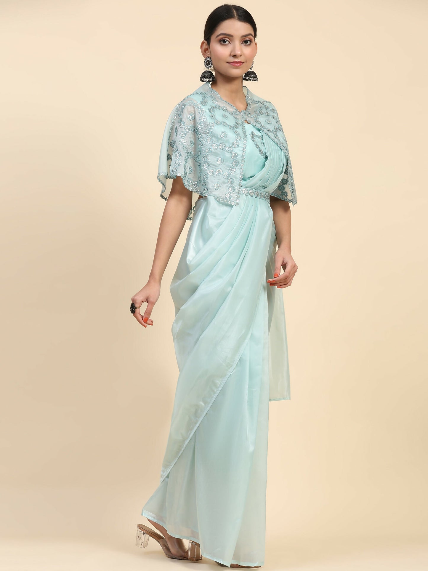 Blue Satin Solid Ready to wear Saree with stitched Blouse - Vanita | Swadesiicart