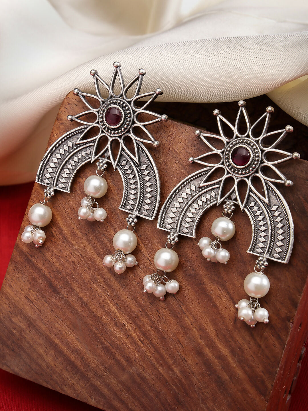 NVR Women's Floral Silver-Plated Artificial Stones and Beads Drop Earrings | Swadesiicart