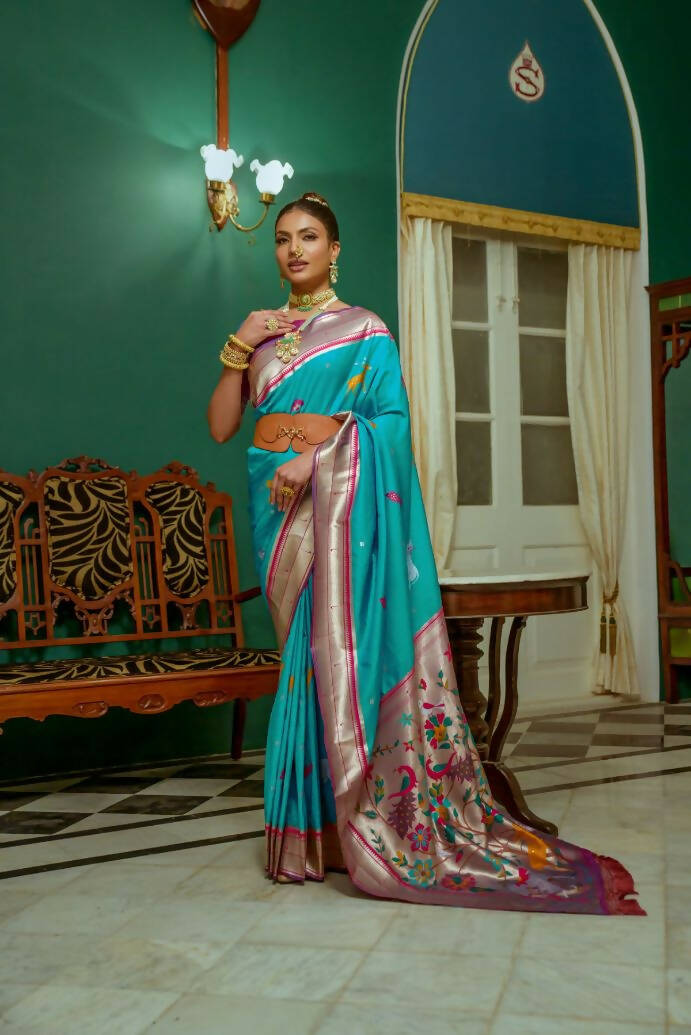 Vishnu Weaves Women's Teal Paithani Silk Zari Woven Saree with Unstitched Blouse - Swadesiicart