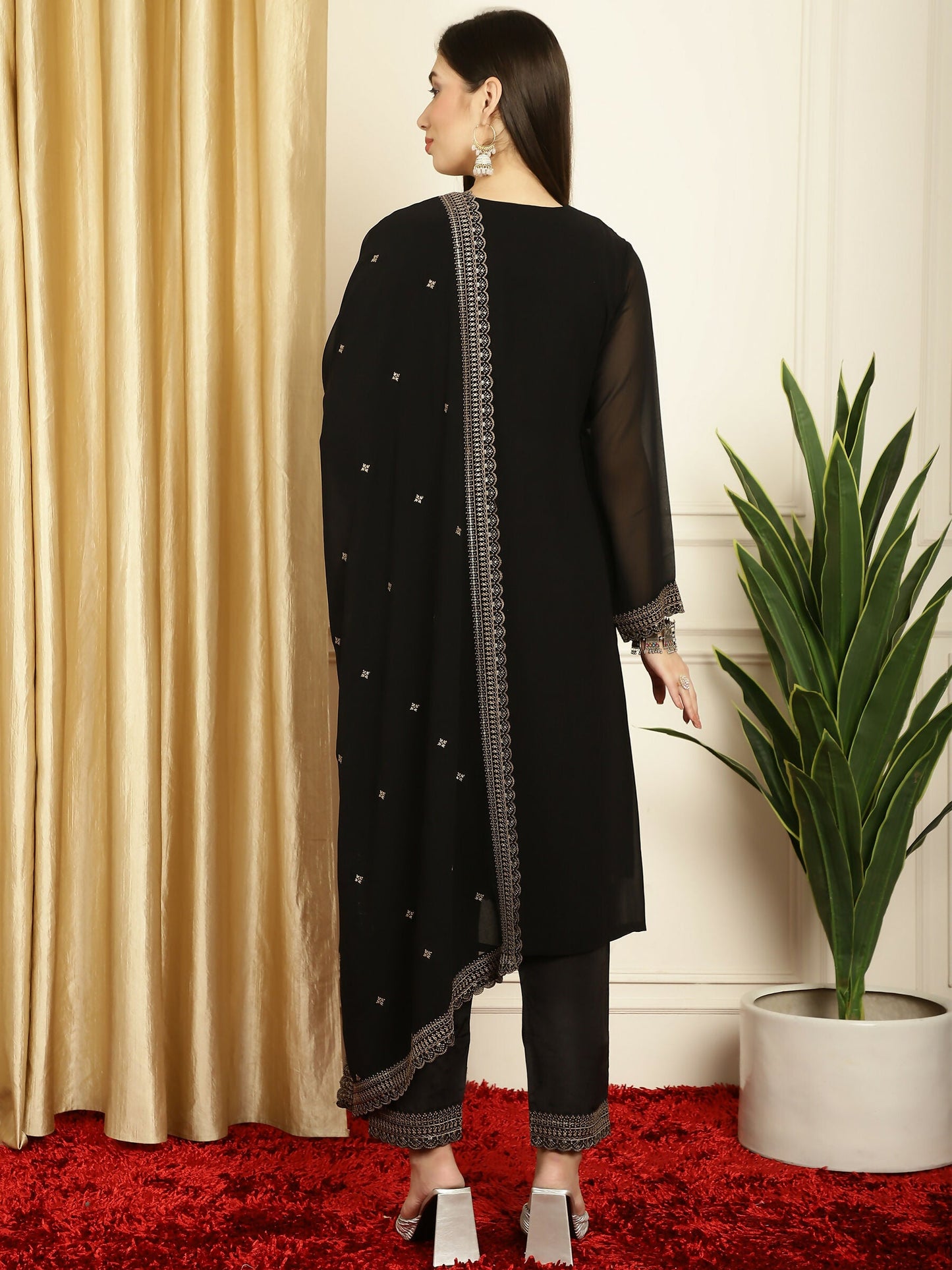 Jyoti Fashion Women's Black Georgette Resham Thread & Sequin Kurta with Trouser & Dupatta | Swadesiicart