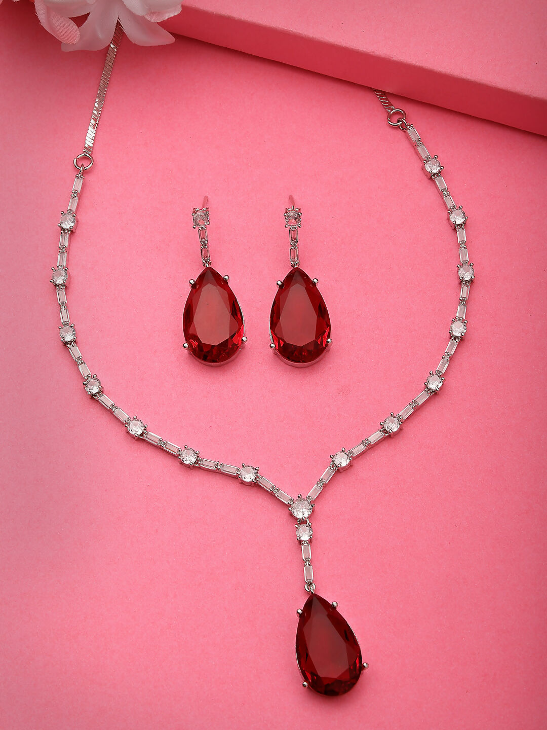 NVR Women's Silver-Plated Red Artificial Stones Studded Handcrafted Jewellery Set - Swadesiicart