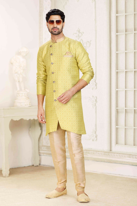 Raivat Ethnic Banarasi Jacquard Embroidery Semi Indo Western Sherwani In Lemon Yellow Colour | Swadesiicart