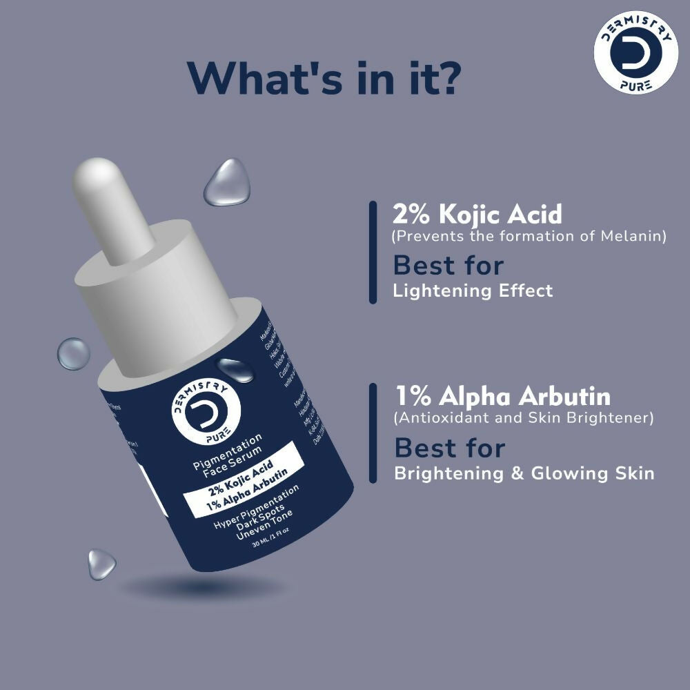 Dermistry Pure 2% Kojic Acid 1% Alpha Arbutin Instant Glowing Bright Light Pigmentation Spots Serum - Swadesiicart