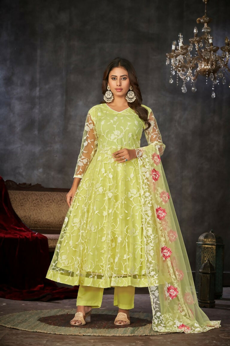 Jyoti Fashion Women's Pista Net Embroidered Anarkali Kurta Pant Set With Dupatta | Swadesiicart