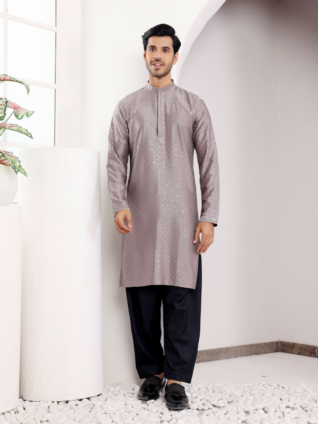 Grey Viscose Designer Chikankari Embroidery Work Men's Kurta - Mahotsav | Swadesiicart