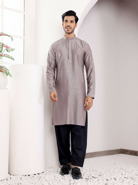 Grey Viscose Designer Chikankari Embroidery Work Men's Kurta - Mahotsav | Swadesiicart