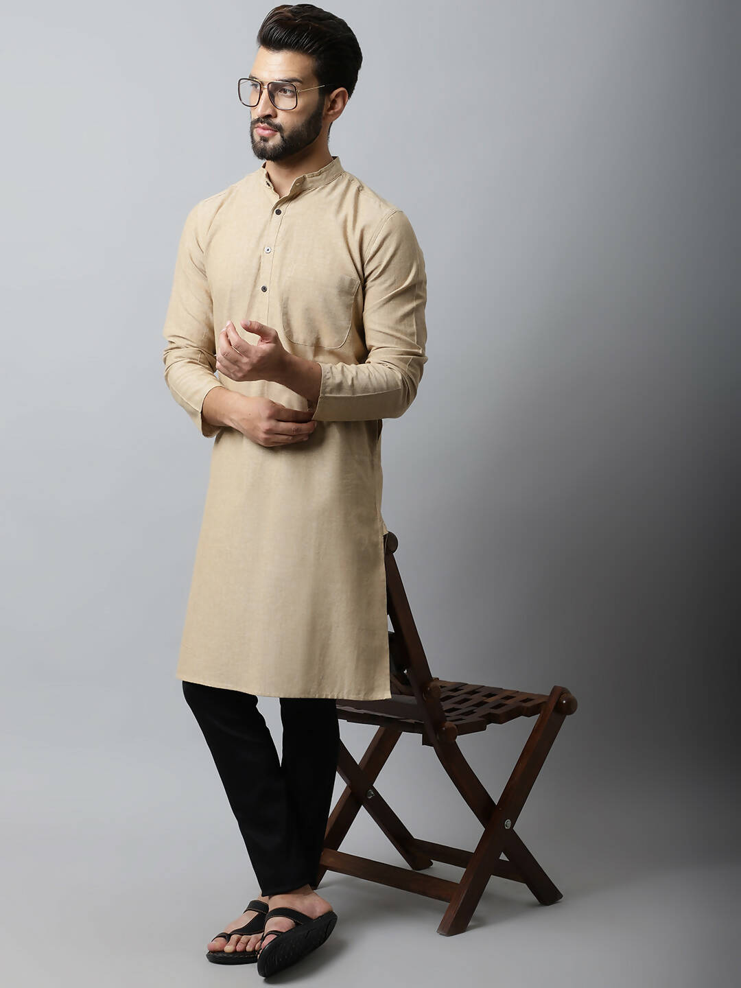 Even Apparels Beige Color Pure Cotton Men's Kurta With Band Collar (SLD1196) | Swadesiicart