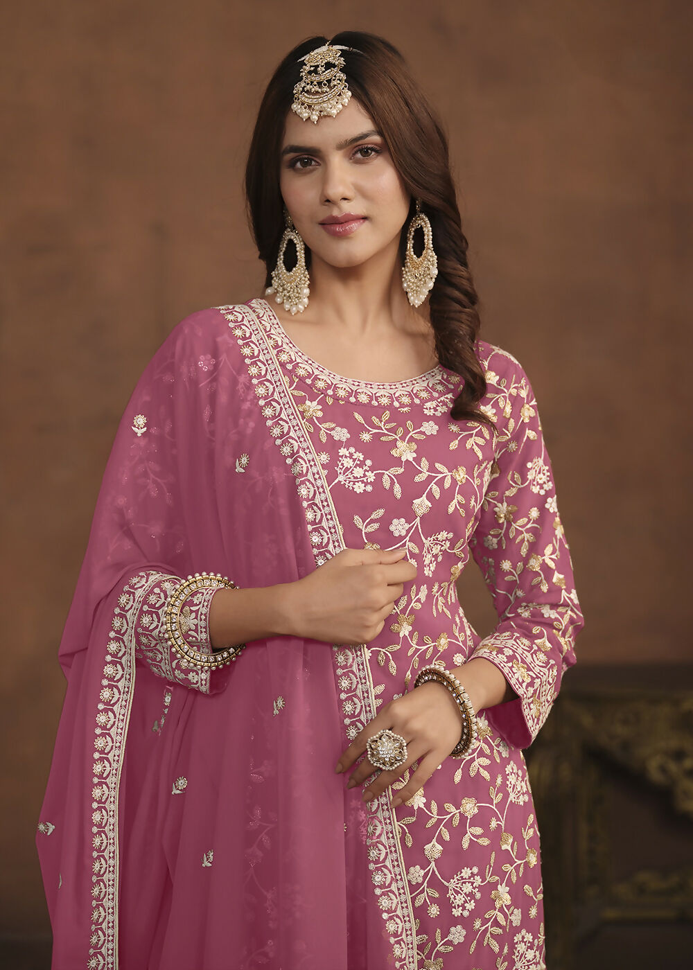 Faux Georgette Pink Embroidered Festive Salwar Suit - Emponline | Swadesiicart
