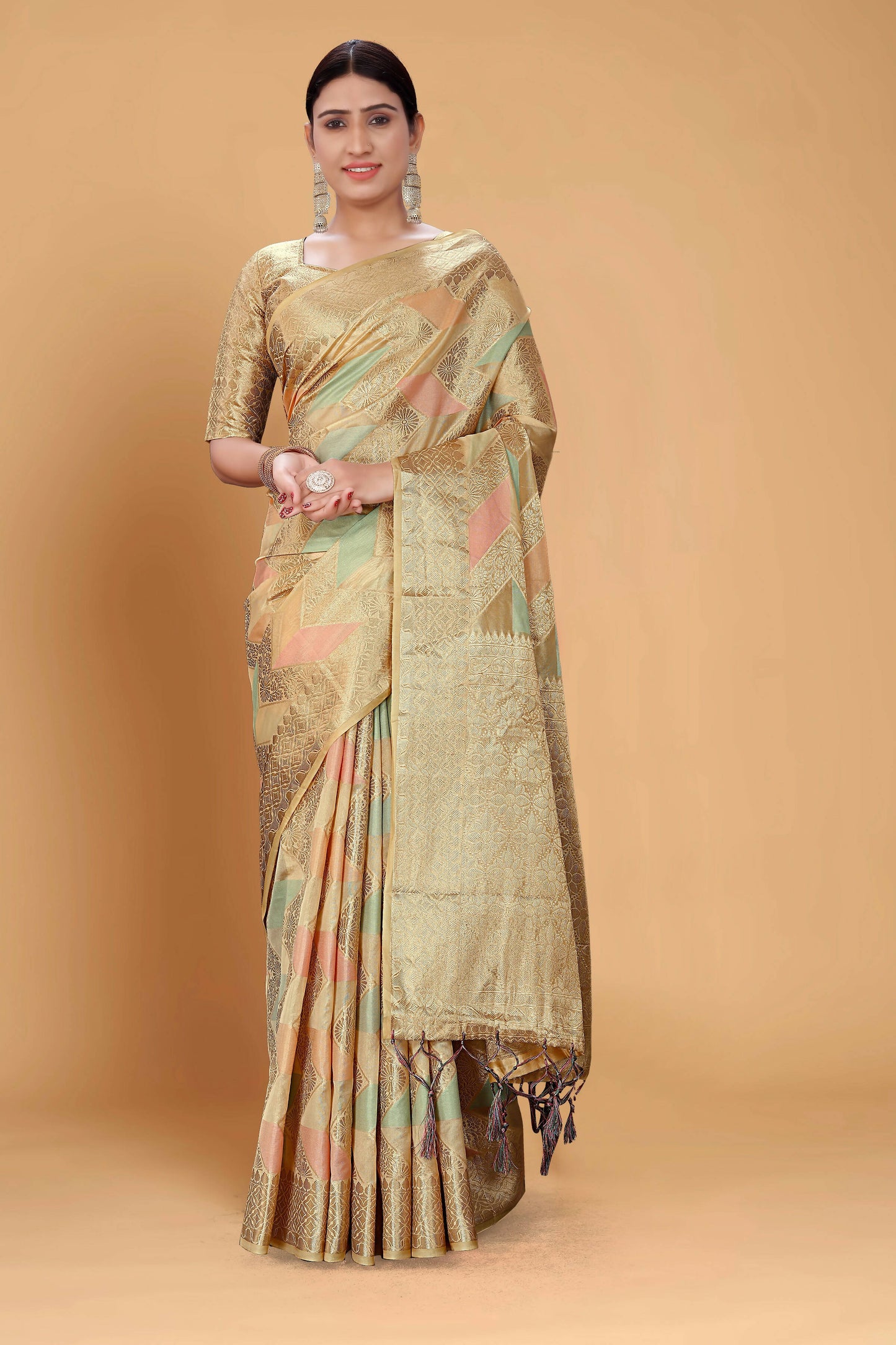 Beige Soft Organza Woven Design Saree With Unstitched Blouse Piece - Zaara