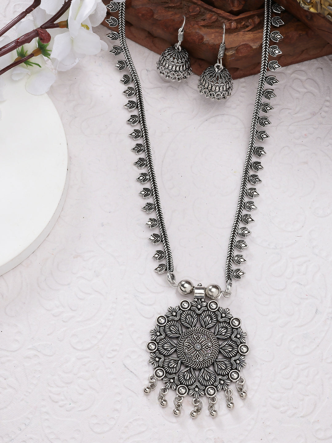 NVR Women's Silver-Toned Floral Shape Oxidized Necklace with Jhumka Earrings - NR Retail-NVR