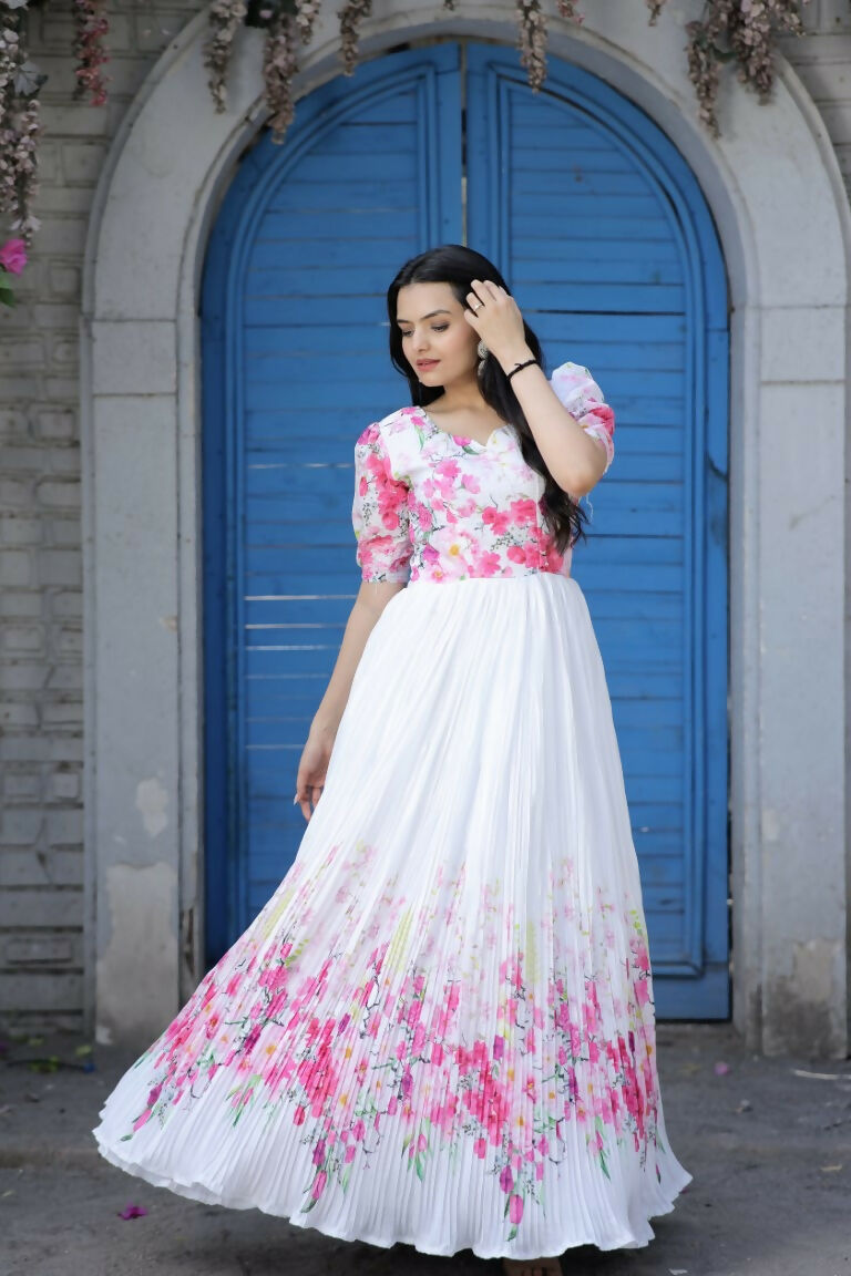 Jyoti Fashion Women's White Floral Digital Printed Chinon Anarkali Dress | Swadesiicart