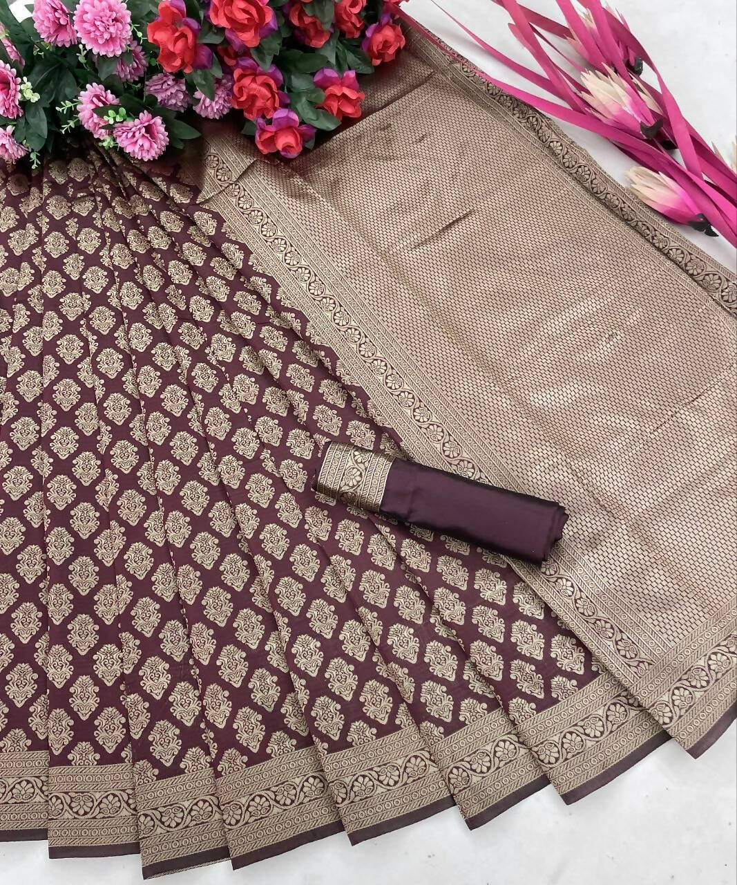 DEIANA'S Beautiful Designer Golden zari Soft Lichi Silk Saree - Brown - Swadesiicart