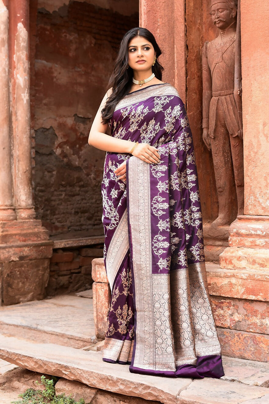 Joban Fashion Purple Pure Katan Pure Handloom Banarasi Silk Saree | Swadesiicart