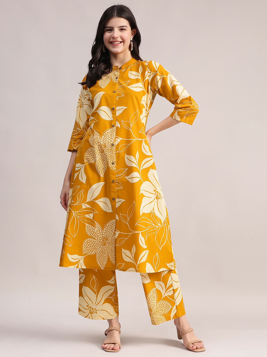 Aavyora Women's Mustard Yellow & White Floral Printed Cotton Co-Ord Set - Swadesiicart