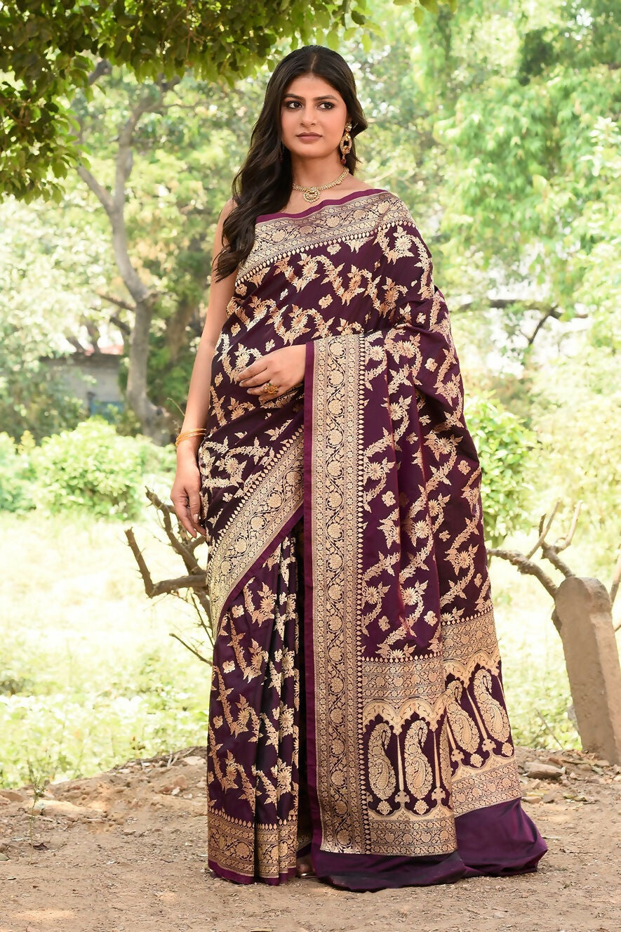 Joban Fashion Wine Banarasi Soft Pure Handloom Banarasi Silk Saree | Swadesiicart