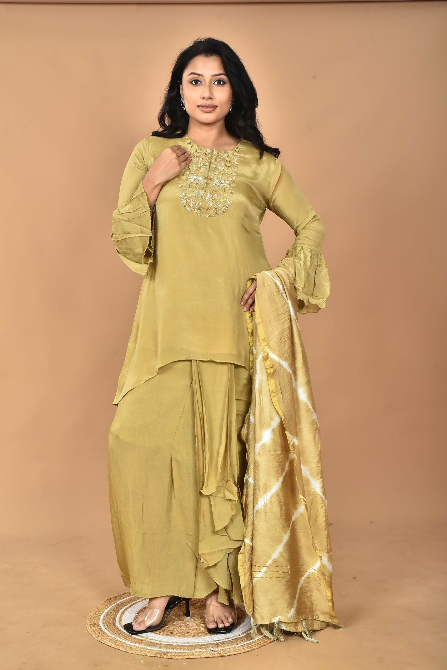 Morchari Women And Hand Embroidery Palazzo Set-Mehandi Green - Swadesiicart