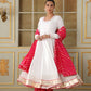 Pomcha Jaipur White Saadgi Pink Leheriya White Anarkali Set | Swadesiicart