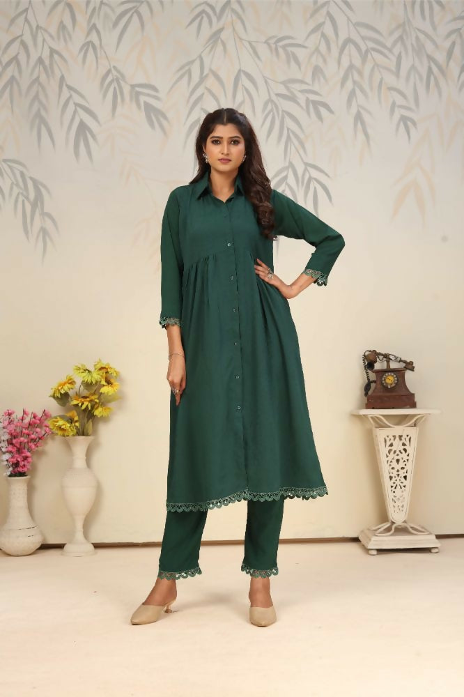 Jyoti Fashion Women's Bottle Green Rinkal Cotton Plain with Side Pocket Kurtis & Sets | Swadesiicart
