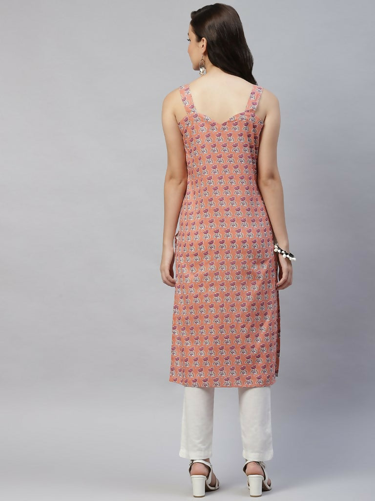 Miravan Women's Floral Printed Strappy Peach Straight Kurta - Swadesiicart
