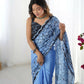 Blue Chinon Designer Digital Printed,Mirror Cut Work Saree - Sohni