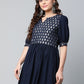 Ahalyaa Women Navy Blue Rayon Silver Foil Print Tunic | Swadesiicart