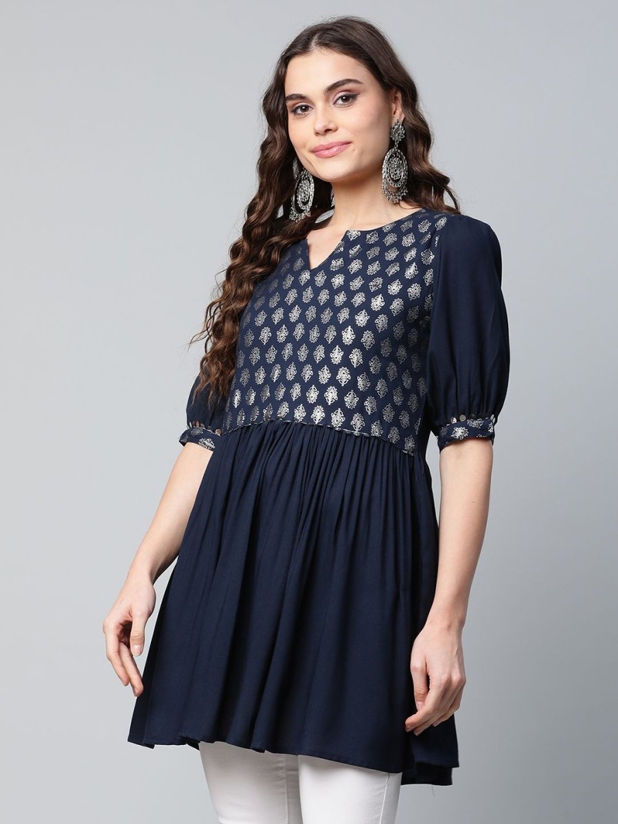 Ahalyaa Women Navy Blue Rayon Silver Foil Print Tunic | Swadesiicart