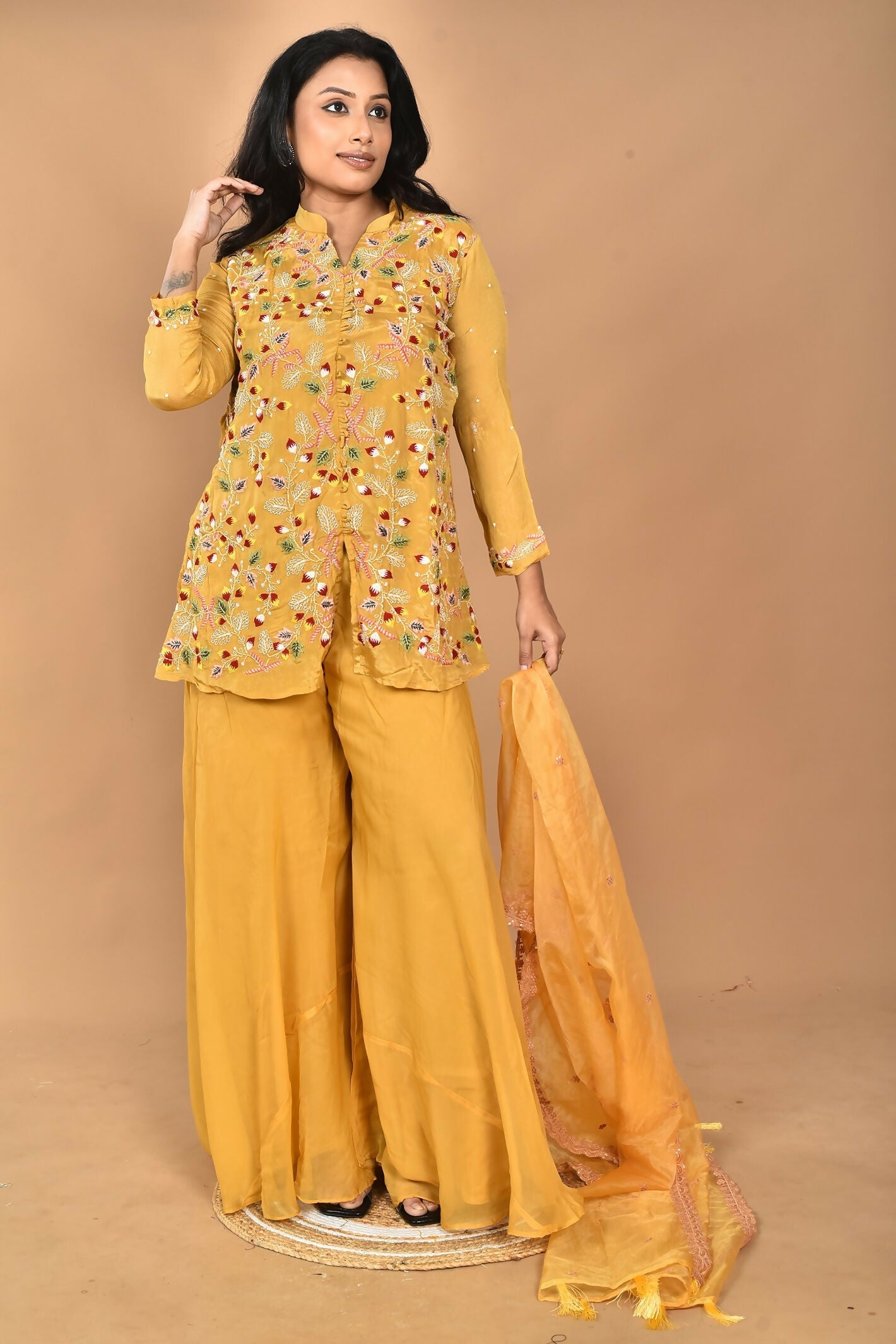 Morchari Women And Hand Embroidery Palazzo Set-Yellow - Swadesiicart