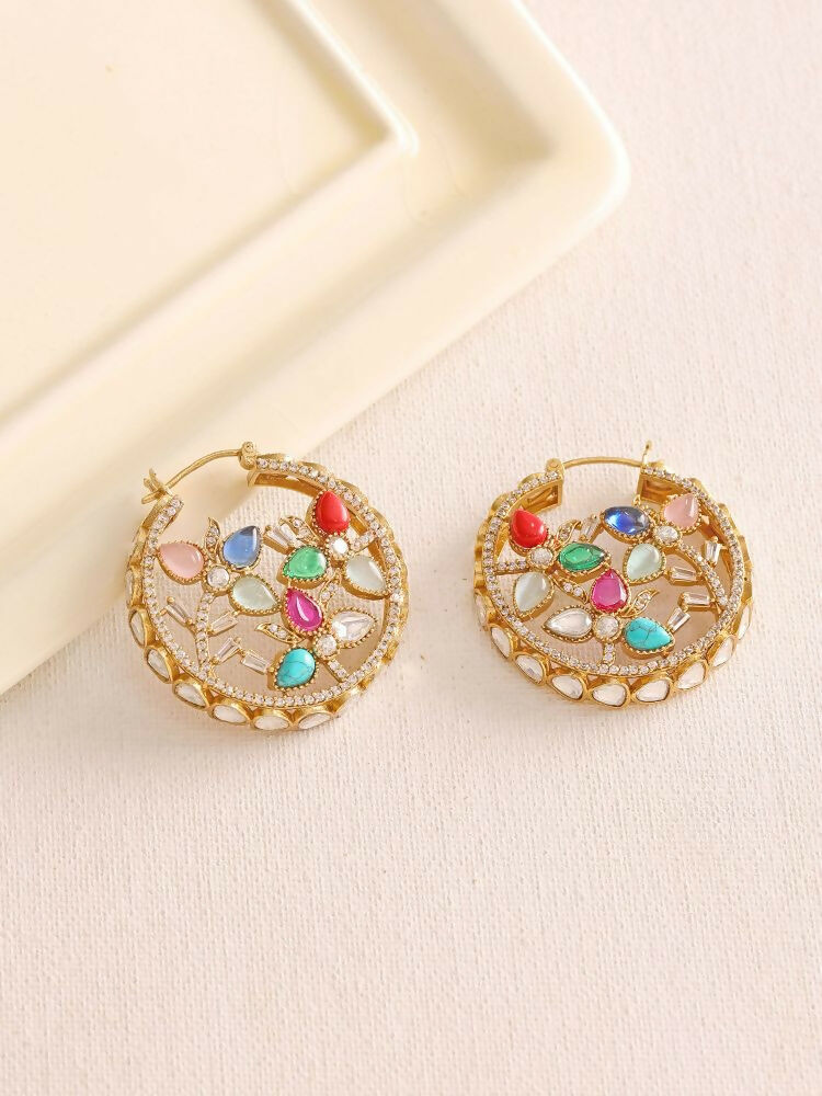 Navratan Round Earrings - Ruby Raang | Swadesiicart