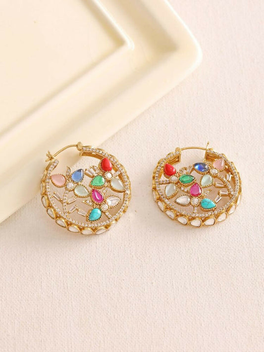 Navratan Round Earrings - Ruby Raang | Swadesiicart