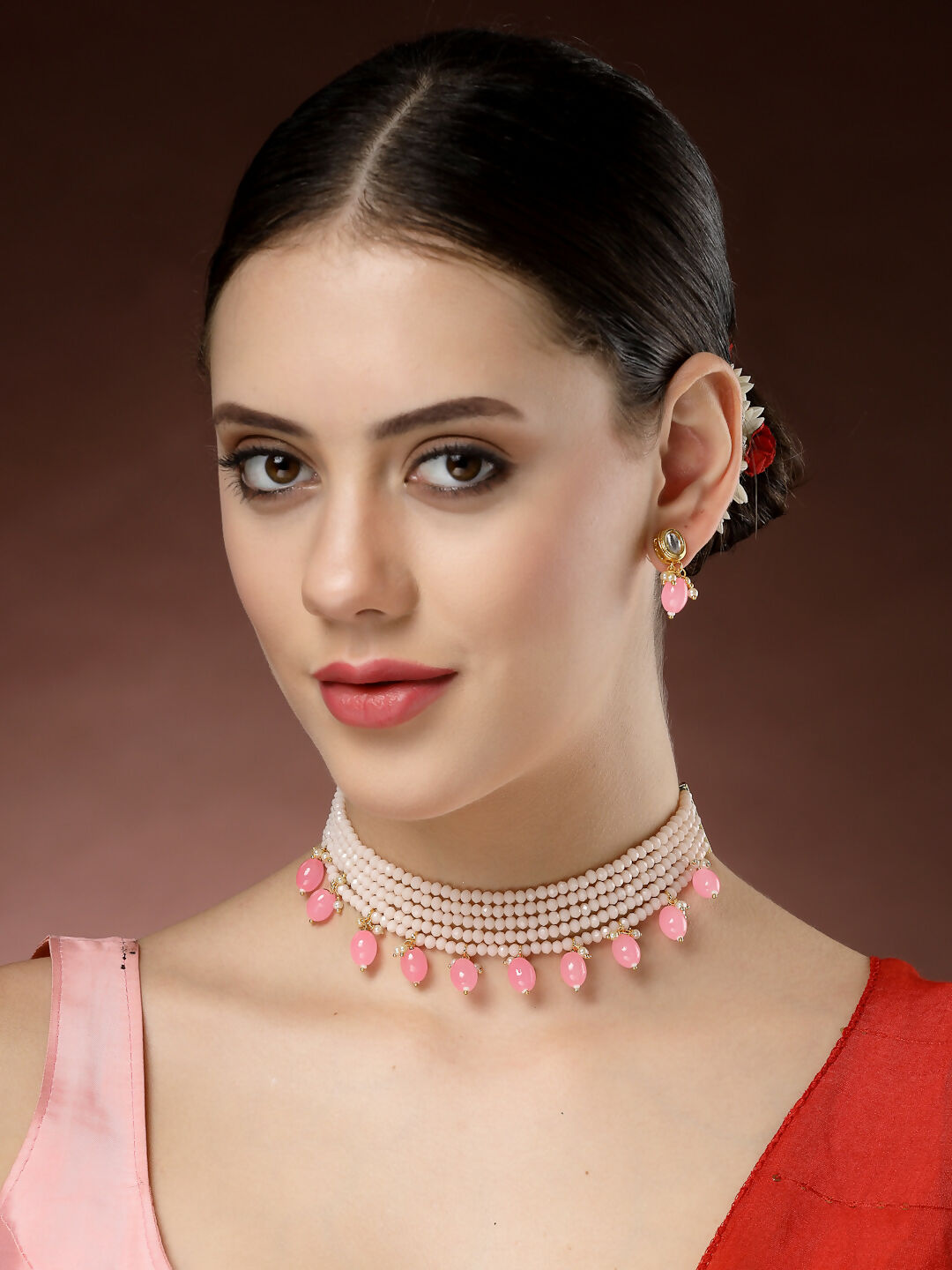 NVR Women's Pink Artificial Beads Layered Necklace with Drop Earring - Swadesiicart