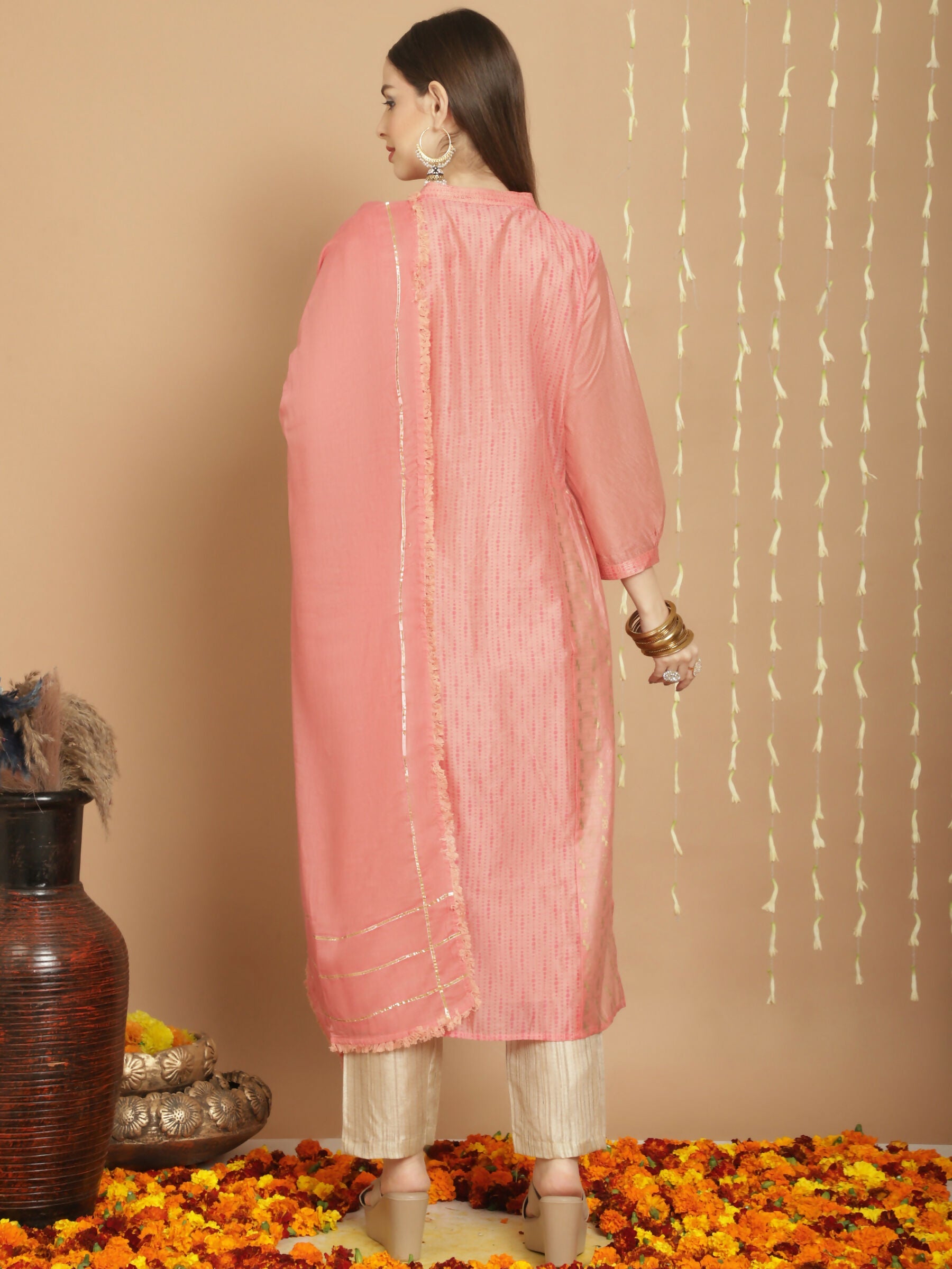 Jyoti Fashion Women's Peach Chanderi Silk Elegant Jardoshi Semi Kurta with Trouser & Dupatta | Swadesiicart
