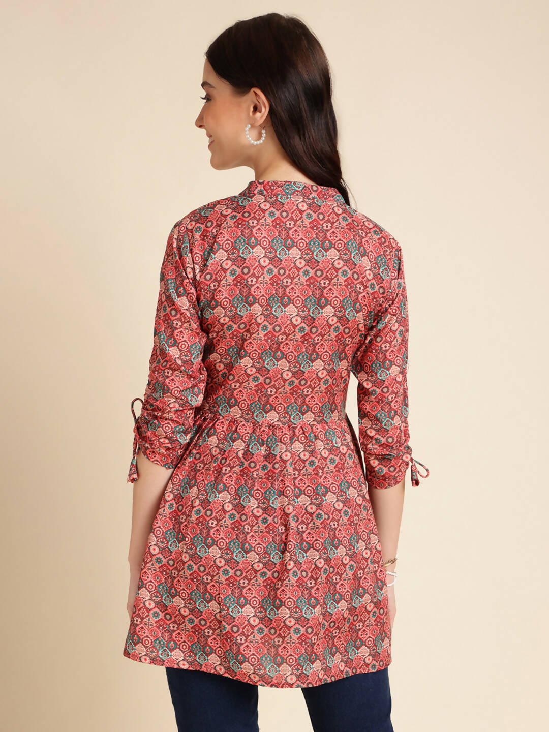 Red Poly Rayon Digital Printed A-line Top - Tarini - Swadesiicart