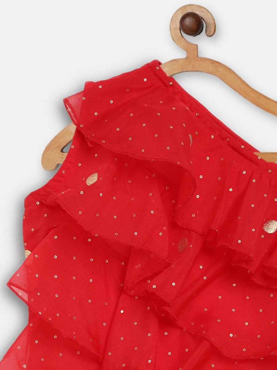 Ahalyaa Red Georgette Ruffel Kids Top With Bottom For Girls | Swadesiicart