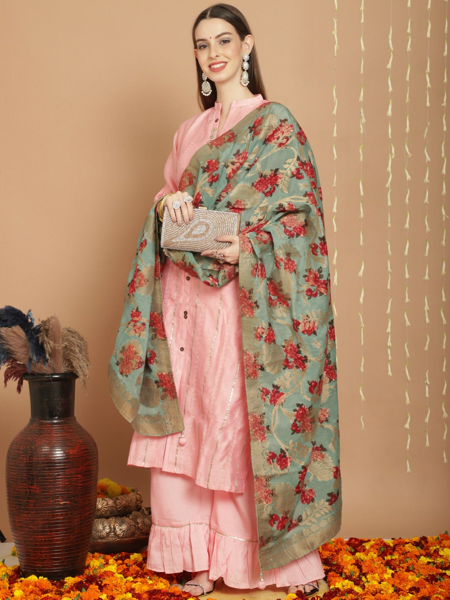 Jyoti Fashion Women's Peach Chanderi Silk Elegant Jardoshi Kurta with Trouser & Dupatta | Swadesiicart